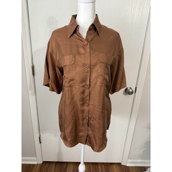 Silk House Tops - Silk House Size Small Brown Button Up Short Sleeve Blouse 100% Silk Women's